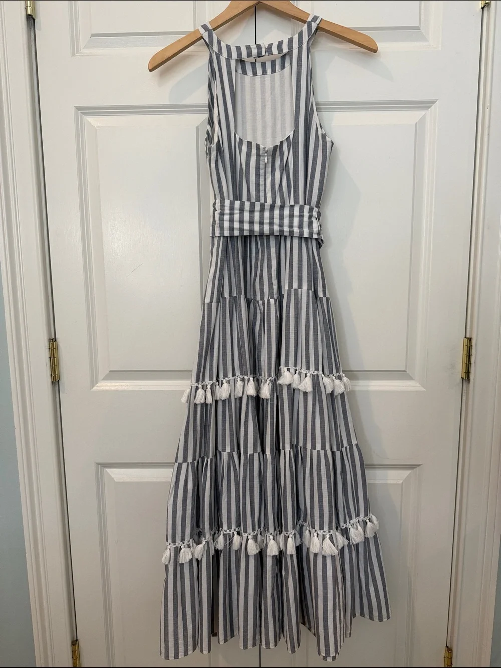 Eliza J Tiered Maxi Dress with Tassle Trim in Gray and White Stripes - Picture 3 of 6